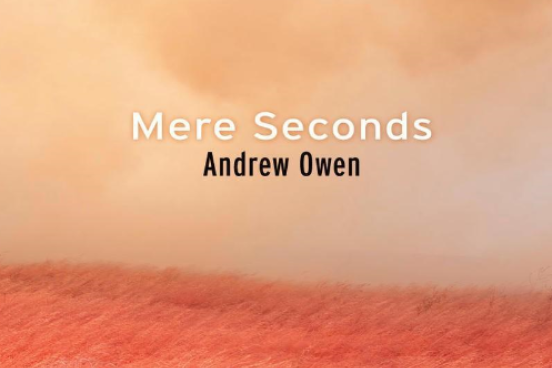 Mere Seconds exhibition flyer depicting an orange wildfire sky