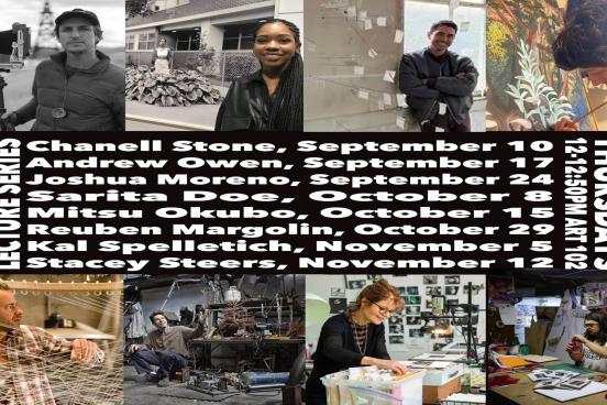 A flyer for the visiting artist lecture series shows photos of each artist along with a list of dates for each lecture.