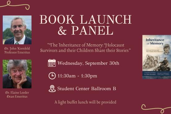 Flyer with details of the event, photo of the book cover, and photos of speakers