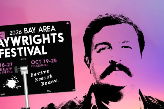 Atmospheric image of portrait of the playwright, a male-presenting face with a mustache, looking at camera, with a playful graphic with the festival title