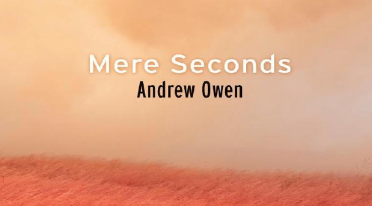 Mere Seconds exhibition flyer depicting an orange wildfire sky