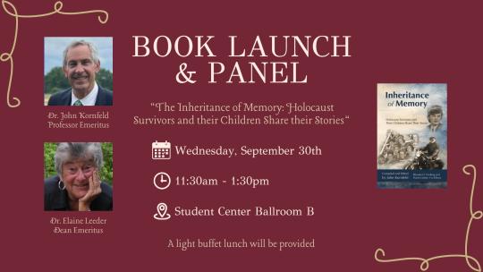 Flyer with details of the event, photo of the book cover, and photos of speakers