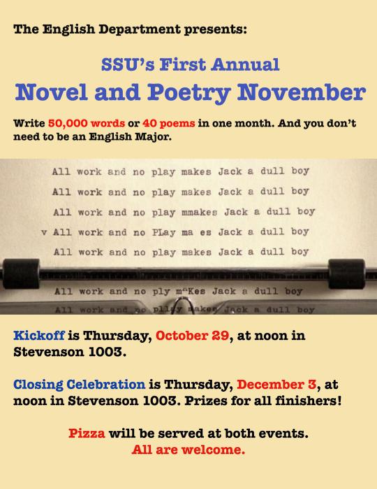 Flyer for SSU Novel and Poetry November with picture of type-written words from "The Shining."