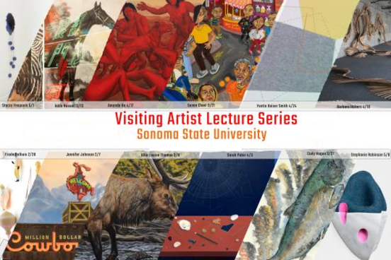 A flyer for the visiting artist lecture series shows different examples of art