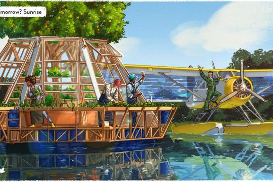 People on floating garden harvesting vegetables.