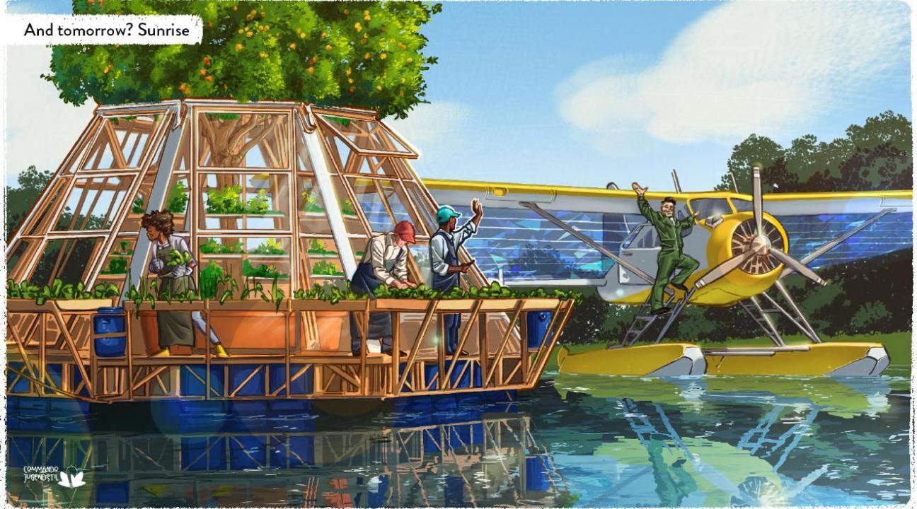 People on floating garden harvesting vegetables.