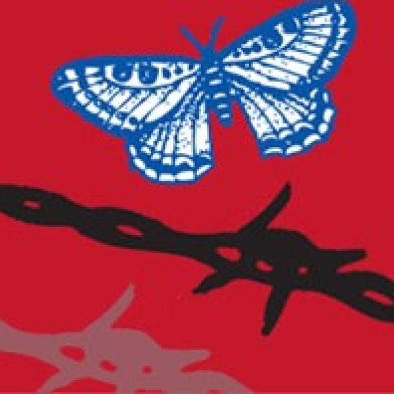 A blue butterfy and barbed wire on a red background