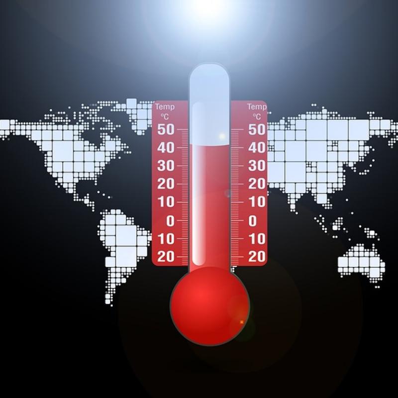 A global map with a termometer superimposed on top 