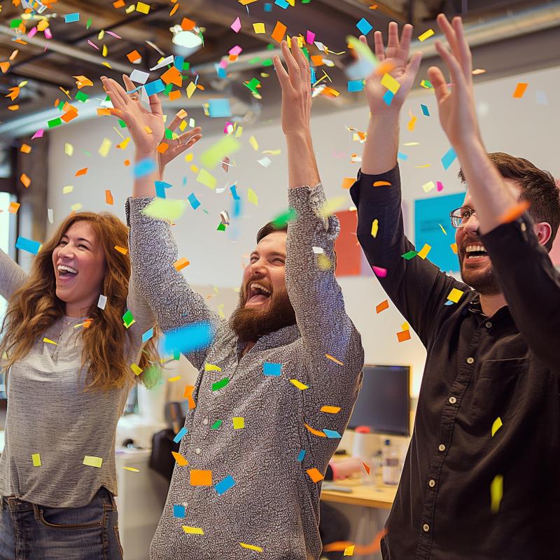 A group of people throwing colorful confetti into the air