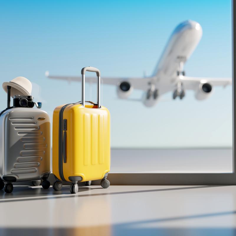 Airplane taking off with luggage in the foreground